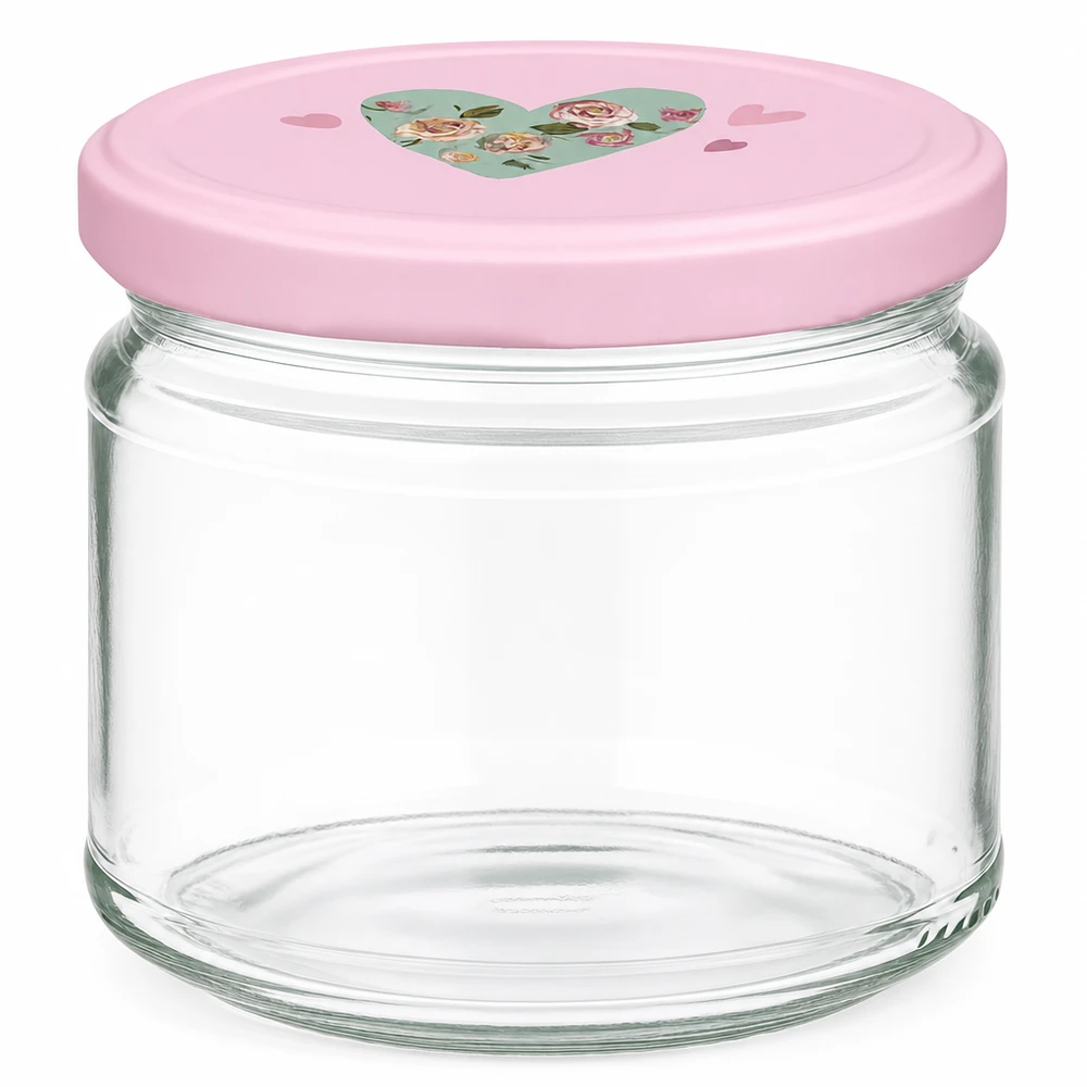 330ml kulatá sklenice + víčko BasicSeal srdíčková růžová UNiTWIST 330ml Rundglas mit rosa BasicSeal Deckel und Herz-Motiv, leeres Einmachglas für Marmelade und Konserven