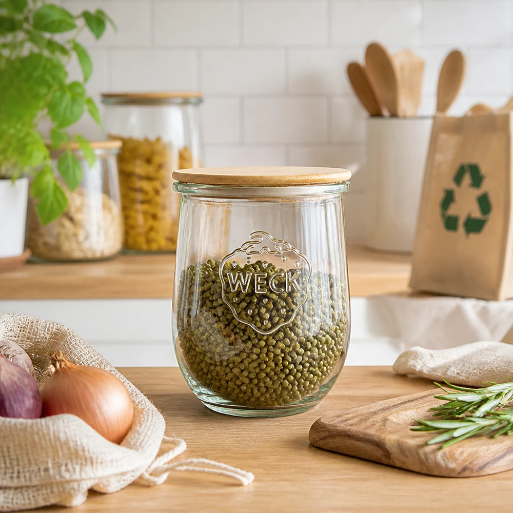 1062ml Dóza na tulipány WECK RR100 s dřevěným víčkem. WECK Tulpenglas 1062ml RR100 mit Holzdeckel als stilvolles Vorratsglas für Hülsenfrüchte in moderner Küche