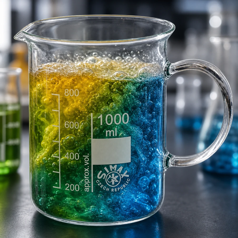 Kádinka 1000ml z borosilikátového skla, s rukojetí Simax Becherglas 1000ml mit Ausgussschnabel Henkel und lebhaft sprudelndem Flüssigkeitsgemisch