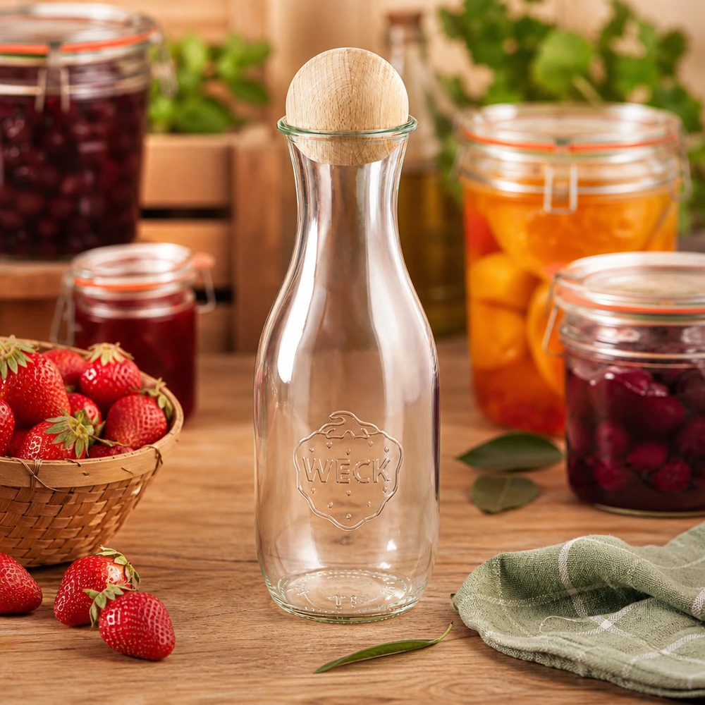 WECK Glasflasche 1062ml in Küche mit Marmeladengläsern Erdbeeren und Holzkugelverschluss aus Buche