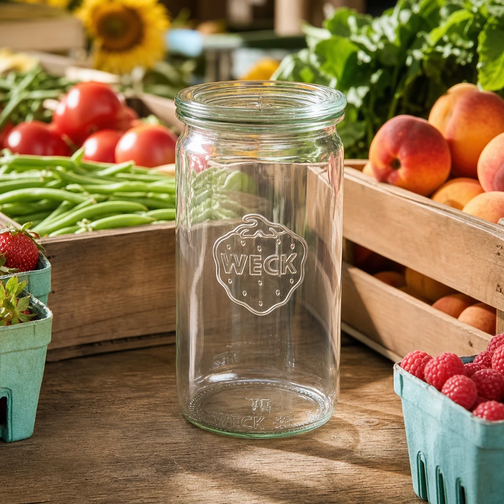 WECK 340ml Zylinderglas RR60 transparent auf Holztisch umgeben von frischem Obst Gemüse und Beeren Marktstand-Atmosphäre