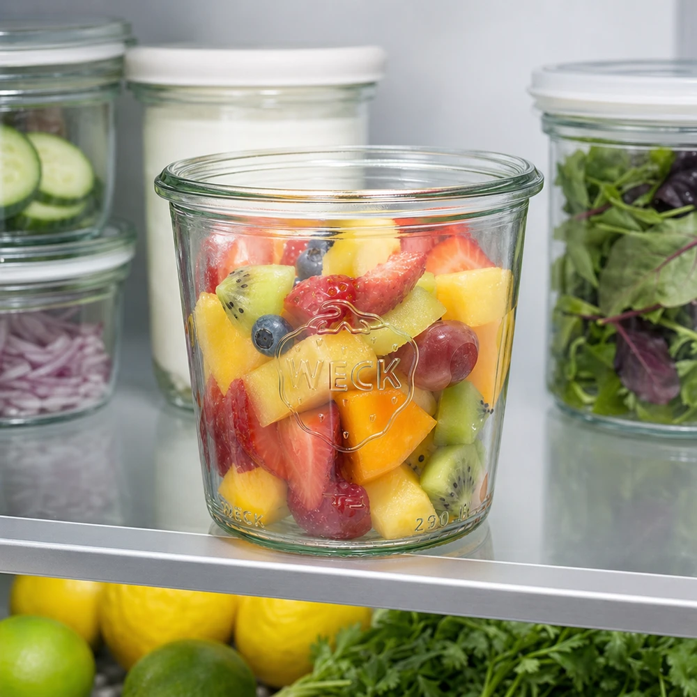 290ml vysoké sklenice WECK RR80 s dřevěným víčkem. 290ml WECK Sturzglas hoch RR80 mit buntem Obstsalat gefüllt im Kühlschrank neben anderen Einmachgläsern