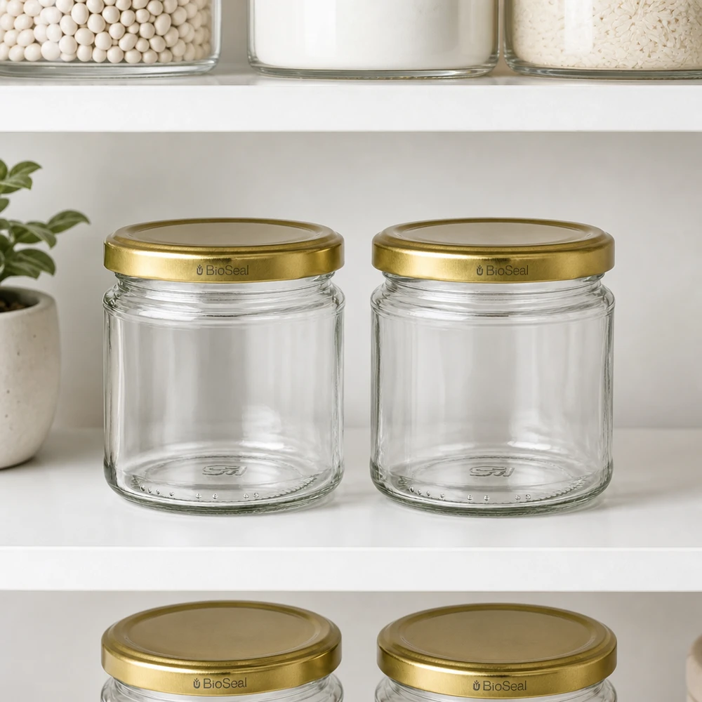 UNiTWIST Rundglas 212ml mit goldenem TO66 BioSeal Deckel im Vorratsschrank zur organisierten Küchenaufbewahrung