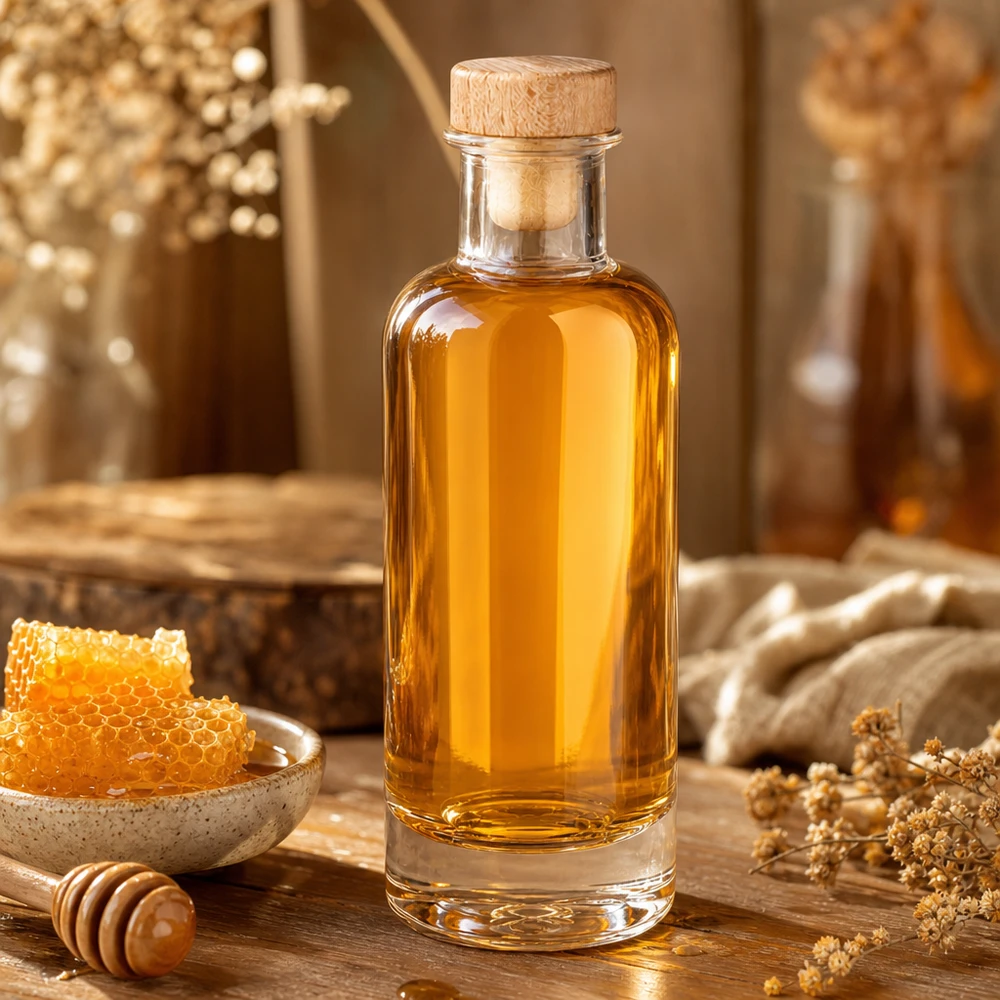 200ml Glasflasche Ella mit Holzkorken gefüllt mit Honig neben Bienenwabe und Honiglöffel auf rustikalem Holztisch
