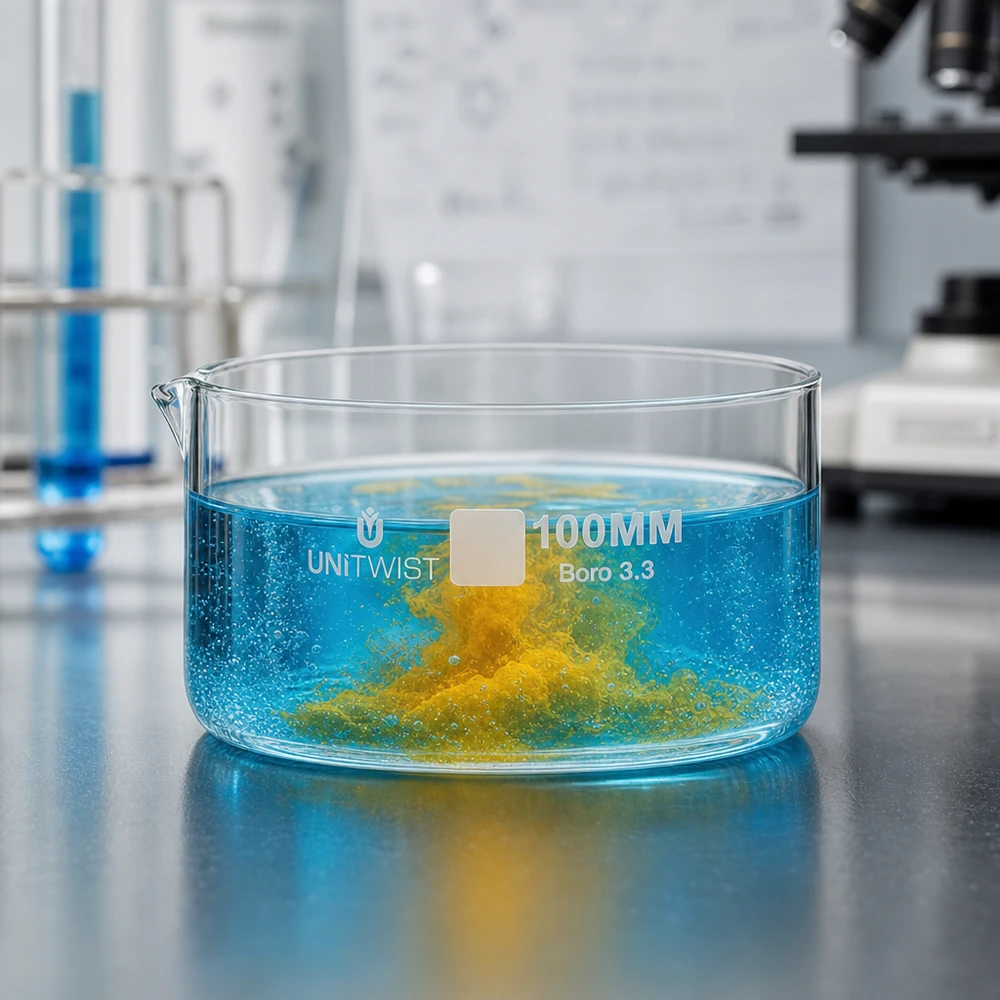 Krystalizační miska ø100mm z borosilikátového skla UNiTWIST Kristallisierschale 100mm Borosilikatglas UNiTWIST Reaktionsgefäß Farbkontrast blau orange