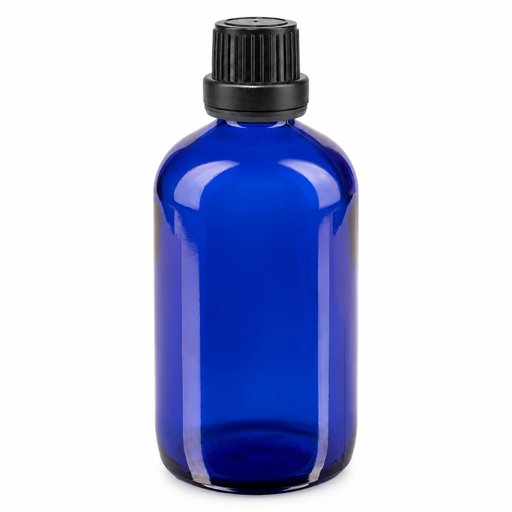 Blaue Apotheker Glasflasche 100ml UV-Schutz Glas mit schwarzem Tropfverschluss