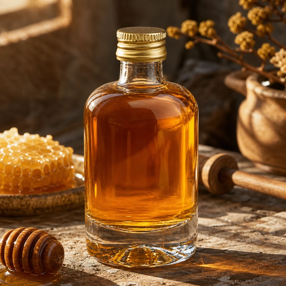 40ml Glasflasche "Sara" mit Schraubverschluss gold UNiTWIST 40ml Glasflasche Sara mit Honig gefüllt - goldener UNiTWIST Verschluss neben Bienenwabe und Honiglöffel