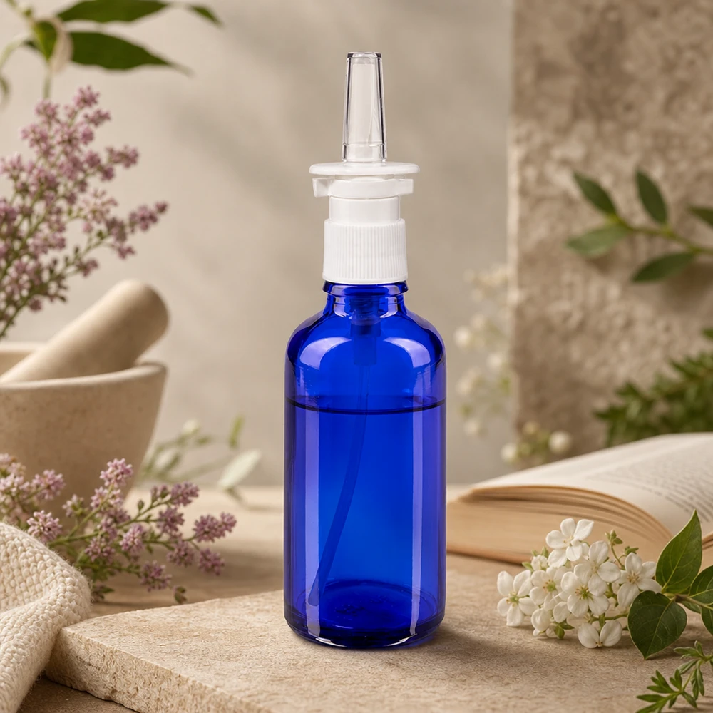 Lékárenská láhev modrá 50ml nosní sprej bílá stř. Apotheken-Nasenspray-Behälter 50ml aus blauem Borosilikatglas mit weißem Dosierspender