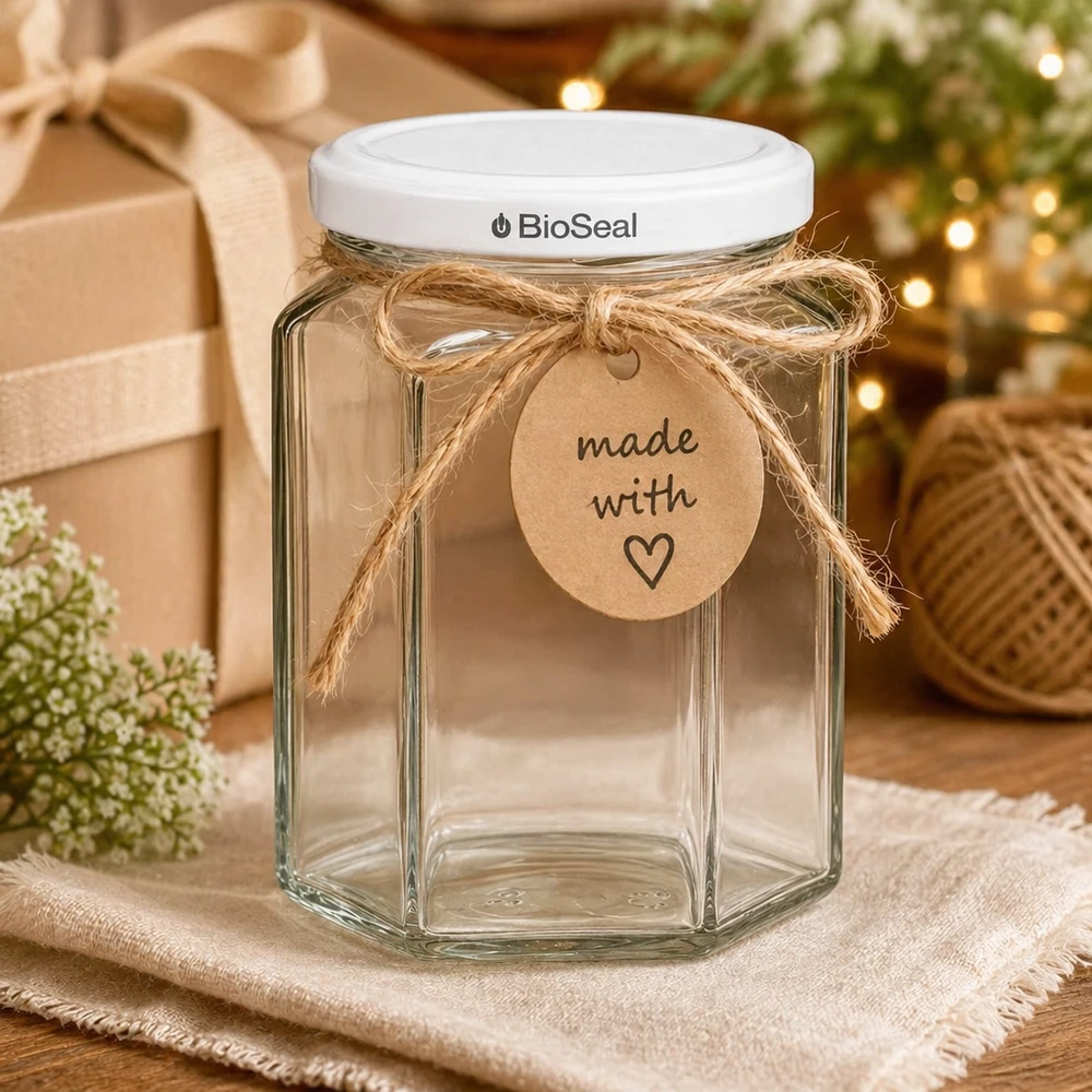 Sklenice Hexa o objemu 288 ml s bílým víčkem BioSeal UNiTWIST UNiTWIST Hexa288 Einmachglas leer mit weißem TO63 BioSeal Deckel und Geschenkanhänger für DIY Geschenke