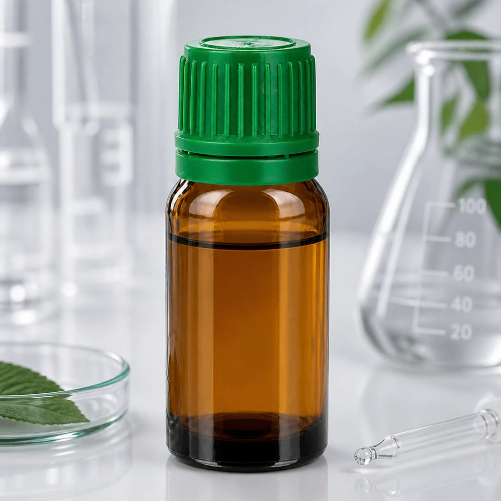 Handliche 10ml Flasche aus getöntem Glas mit grünem Verschluss für mobile Anwendungen