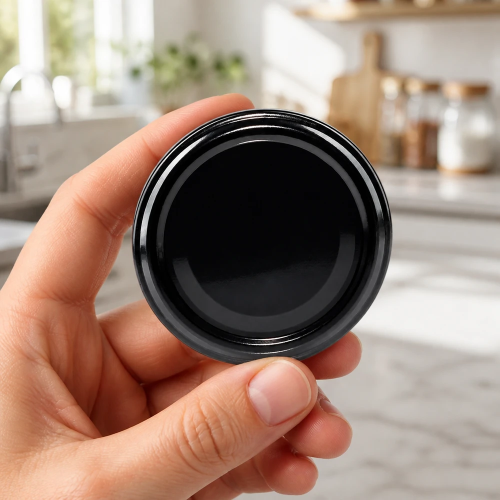 UNiTWIST TO48 černé kovové víčko 48 mm BioSeal bez BPA, držené v ruce, kuchyně