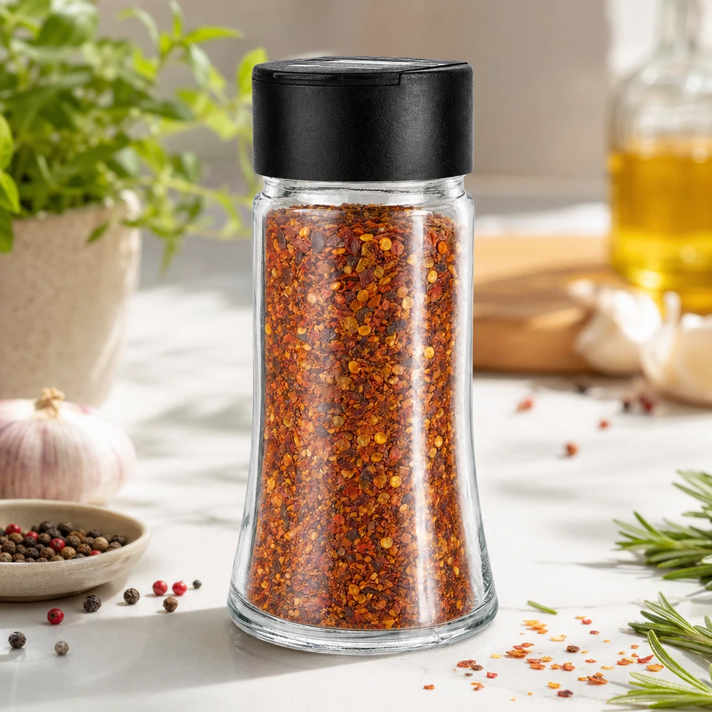 Dóza na sůl/koření 95 ml s dvojitým šejkrem černá Transparentes Glasstreuer 95ml mit schwarzem Deckel für Gewürze Salz und Kräuter