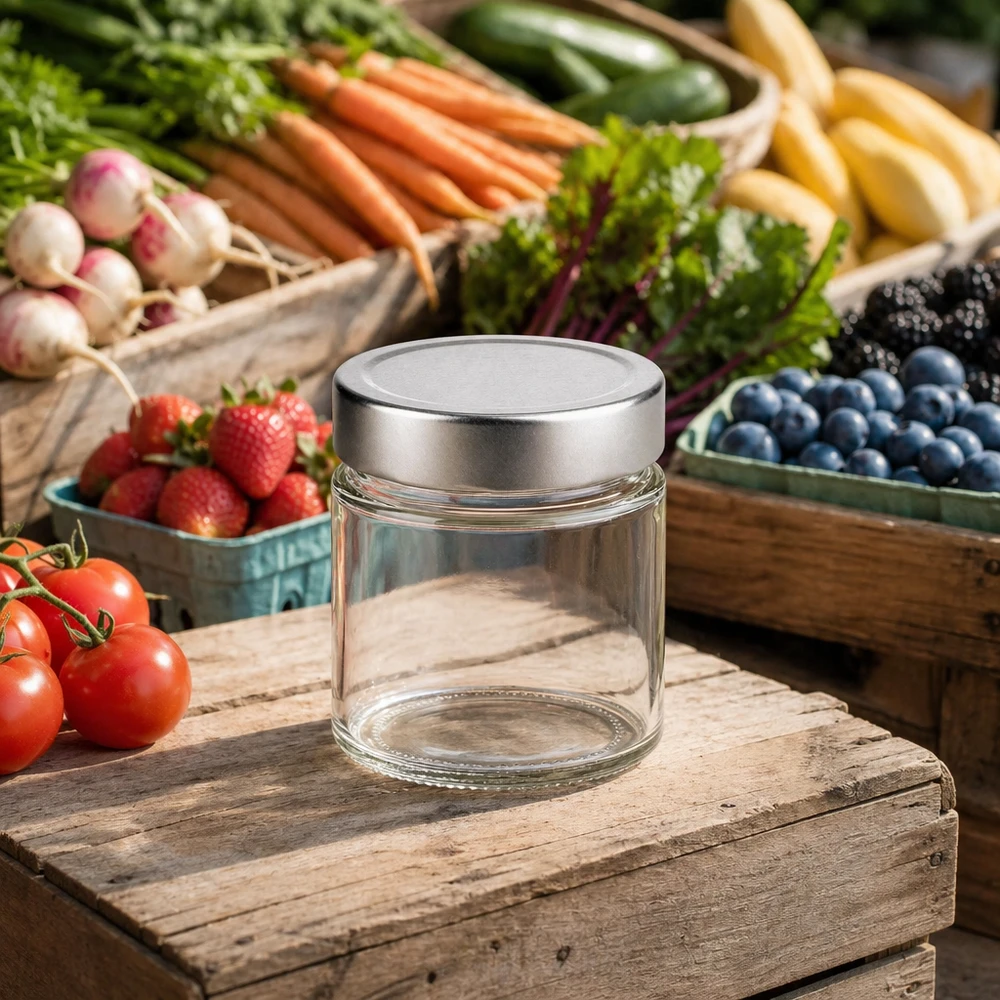 135ml kulatá dóza + víčko BasicSeal stříbrné hluboké UNiTWIST 135ml Rundglas mit silbernem Deckel auf Holzbrett umgeben von frischem Gemüse Obst Marktstand-Atmosphäre natürliche Aufb
