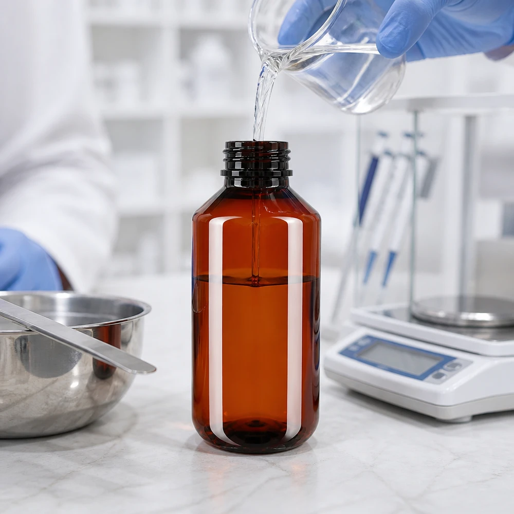 PET láhev 100ml s bílým standardním uzávěrem s pojistkou proti manipulaci Hnědá PET láhev o objemu 100 ml s bílým vnějším obalem vedle laboratorní váhy a skleněné odměrky při plnění