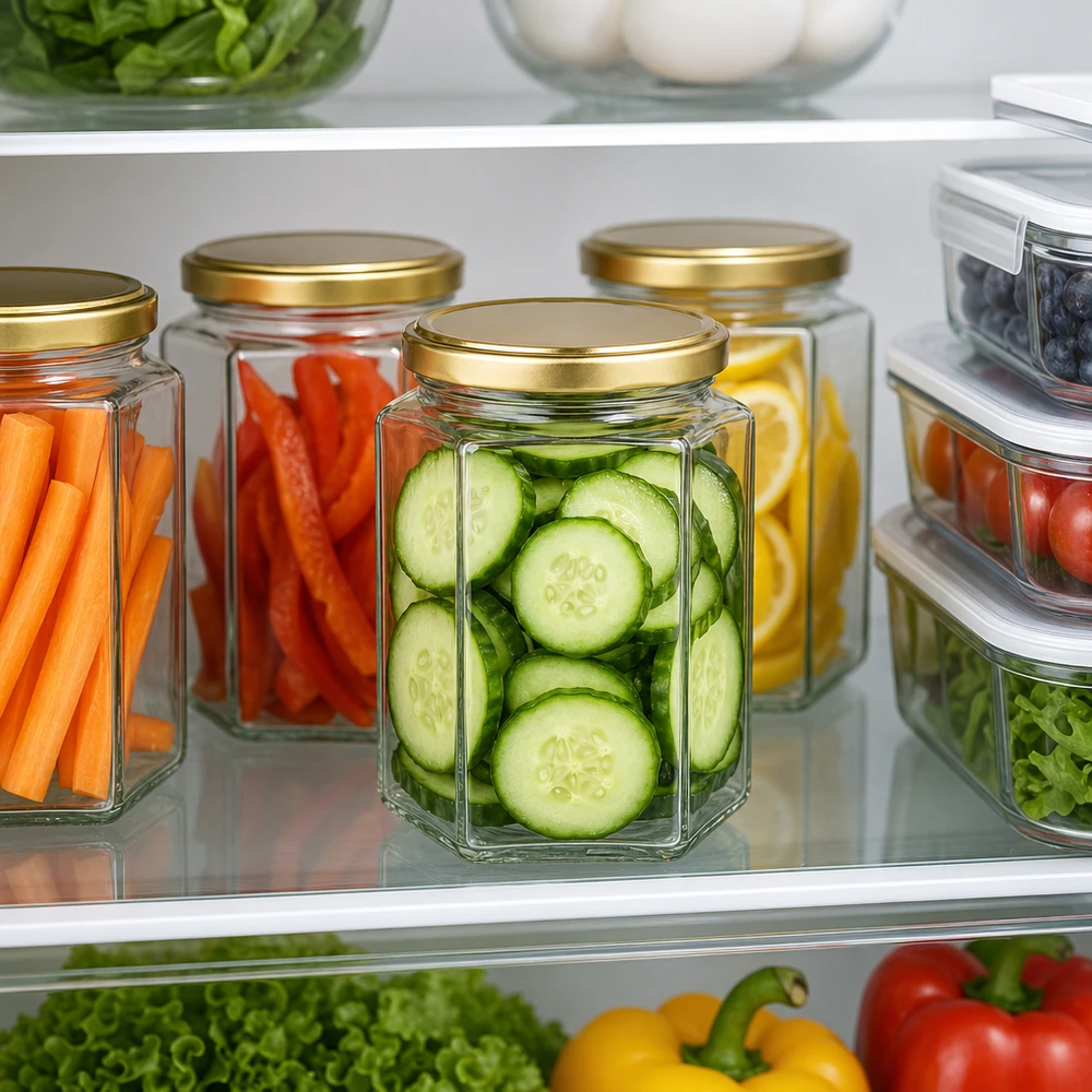 500g Honigglas mit goldenem Deckel BasicSeal UNiTWIST Meal-Prep mit 500g Honigglas BasicSeal UT goldener Deckel als Vorratsbehälter für Gurken Karotten Paprika im Kühlschrank
