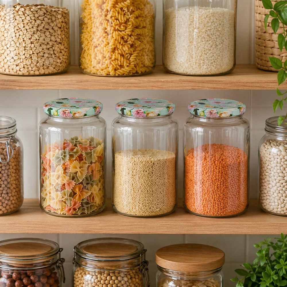 795ml kulatá sklenice + víčko BasicSeal flower mint UNiTWIST Pantry-Organisation mit 795ml Rundgläsern mint Blumen-Deckel, gefüllt mit Pasta, Linsen und Getreide im Vorratsschrank