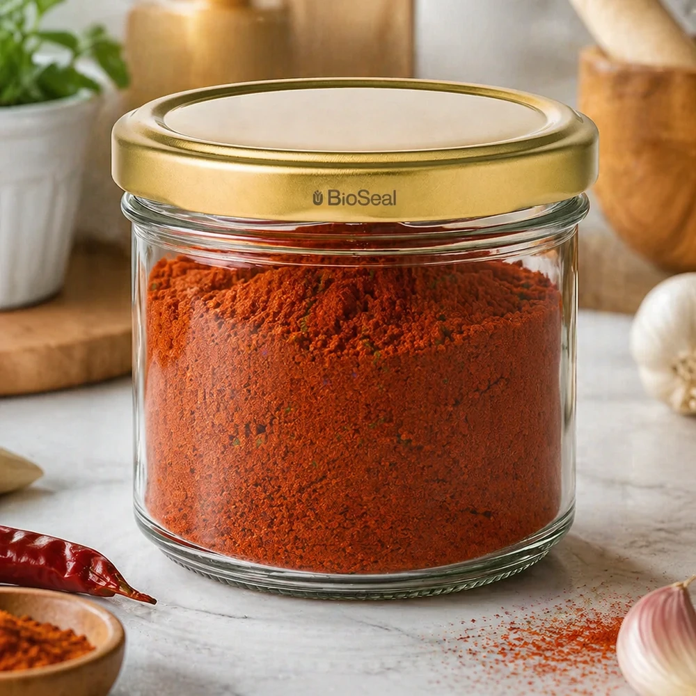 Nádoby o objemu 125 ml se zlatým víkem UNiTWIST BioSeal. UNiTWIST 125ml Einmachglas mit Paprikapulver gefüllt - goldener TO66 Deckel in Küchenambiente