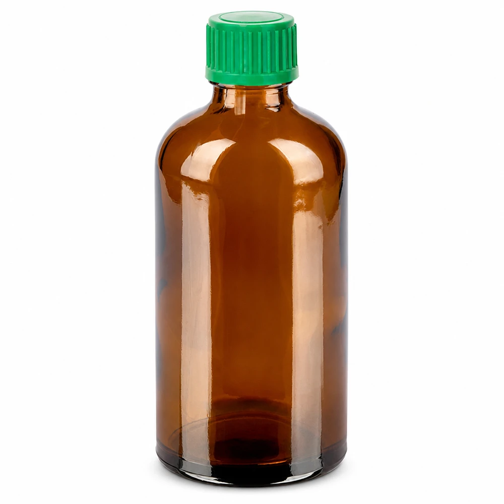 Hochwertige Braunglasflasche 100ml mit grünem Deckel für Laboranwendungen