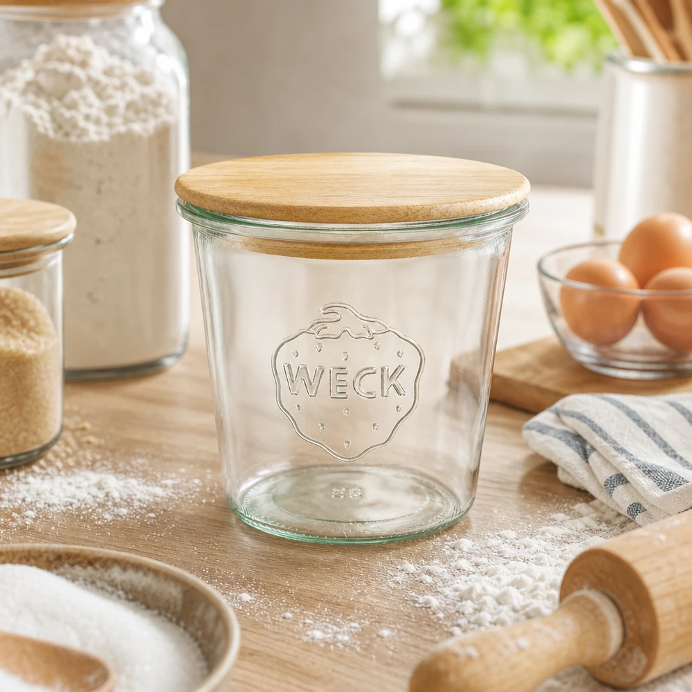 580ml tumblery WECK RR100 s dřevěným víkem buchta WECK Sturzglas 580ml leer mit Holzdeckel in Küche auf Mehl bestäubtem Holztisch zwischen Backzubehör und Eiern