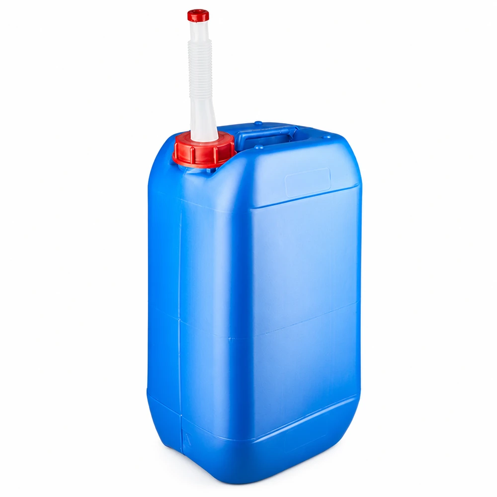 Blauer Industriekanister 15 Liter mit Flex-Schlauch und rotem Sicherheitsverschluss