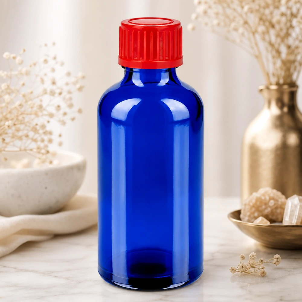 50ml láhev se šroubovacím uzávěrem 11 mm červená Standard BlueLine UT18/50 Chemikalienflasche 50ml BlueLine mit säurebeständigem Glas und rotem Sicherheitsverschluss