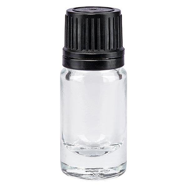 Lékárenská lahvička čirá 5ml kapací uzávěr s nalévacím kroužkem 1mm černý uzávěr s ochranou proti manipulaci.