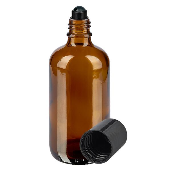 Lékárenská lahvička hnědá 100ml roll-on uzávěr černý Lékárenská lahvička hnědá 100ml roll-on uzávěr černý