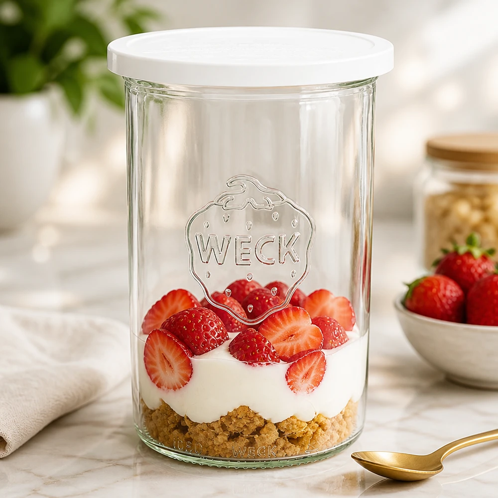 WECK Sturzglas 1000ml als Dessertglas mit Erdbeeren und Sahne gefüllt zeigt vielseitige Verwendung des RR100 Einmachglas