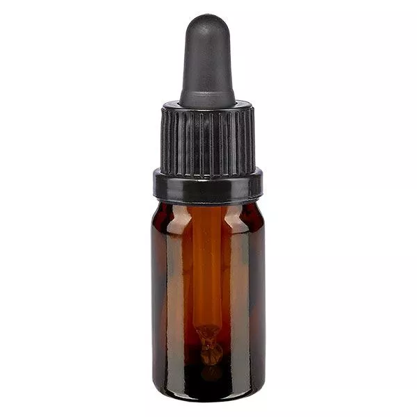 Lékárenská lahvička hnědá 5ml pipeta černý uzávěr s ochranou proti manipulaci.