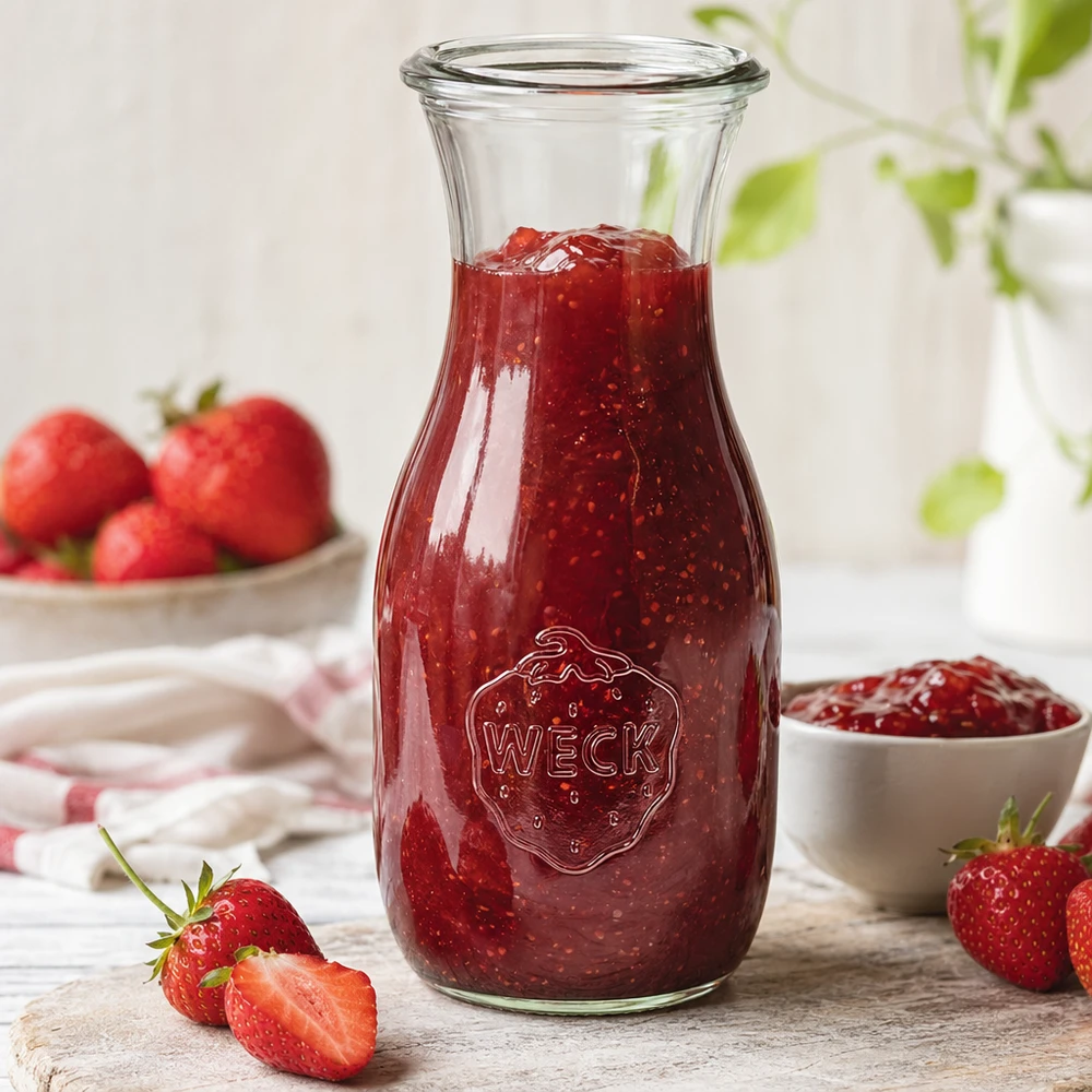 530ml láhev na džus WECK RR60 s dřevěným dřevem 530ml WECK Saftflasche RR60 mit Erdbeermarmelade gefüllt neben aufgeschnittenen Erdbeeren und weißer Schüssel