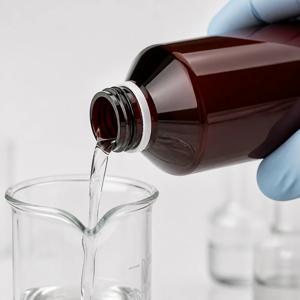 Čirá kapalina se nalévá z hnědé PET láhve o objemu 1000 ml do kádinky
