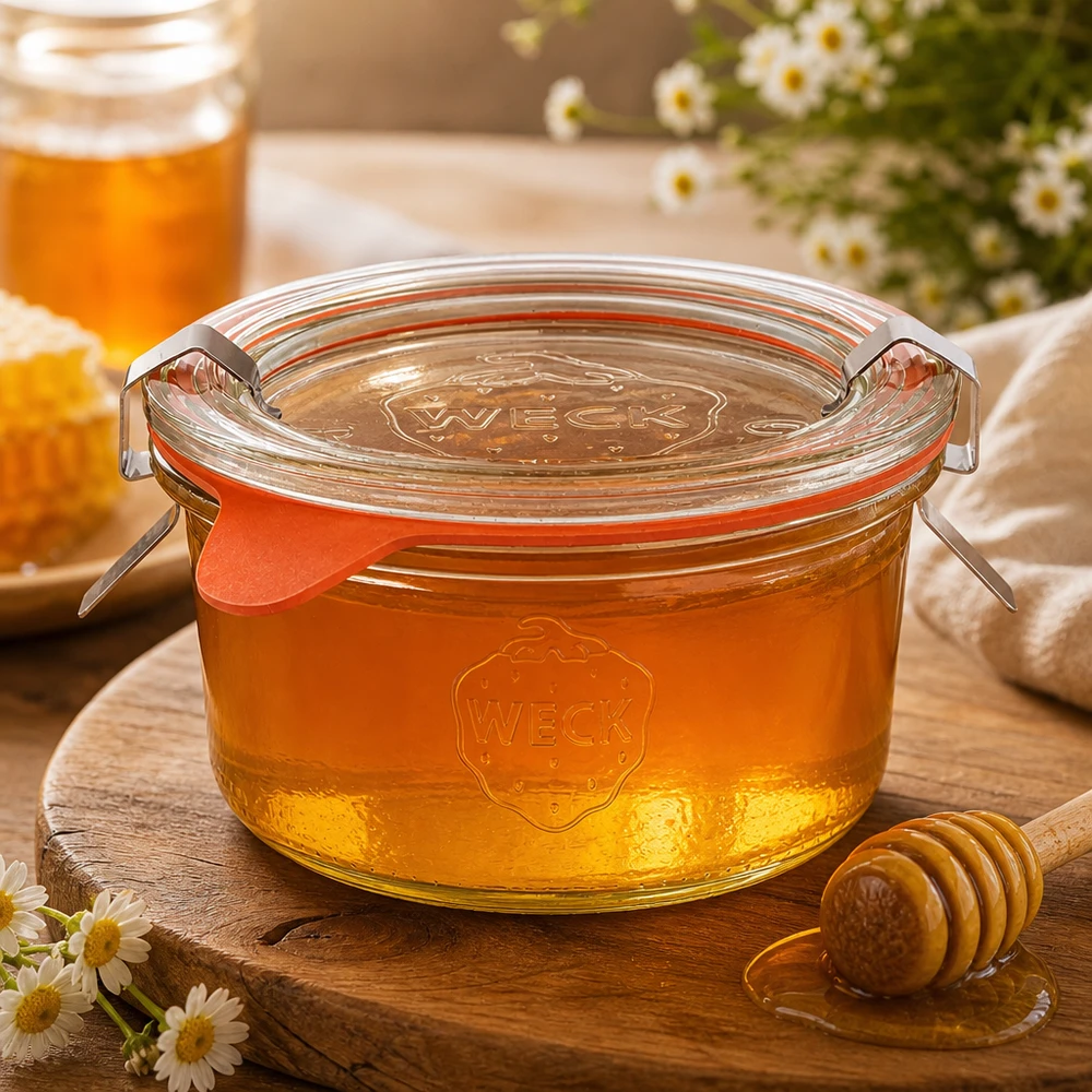 WECK Sturzglas 165ml RR80 mit goldenem Honig befüllt neben Honiglöffel und Gänseblümchen auf Holzbrett