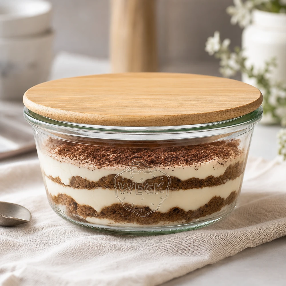 290ml nízké tumblerky WECK RR100 s dřevěným víčkem WECK Sturzglas 290ml RR100 mit Tiramisu gefüllt und Bambus-Holzdeckel, Dessertglas in eleganter Küchenszenerie