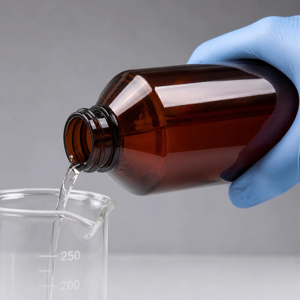 PET láhev 500ml se standardním bílým uzávěrem s pojistkou proti manipulaci Pracovník v ochranných rukavicích nalévá čirou kapalinu z hnědé 500ml PET láhve do kádinky