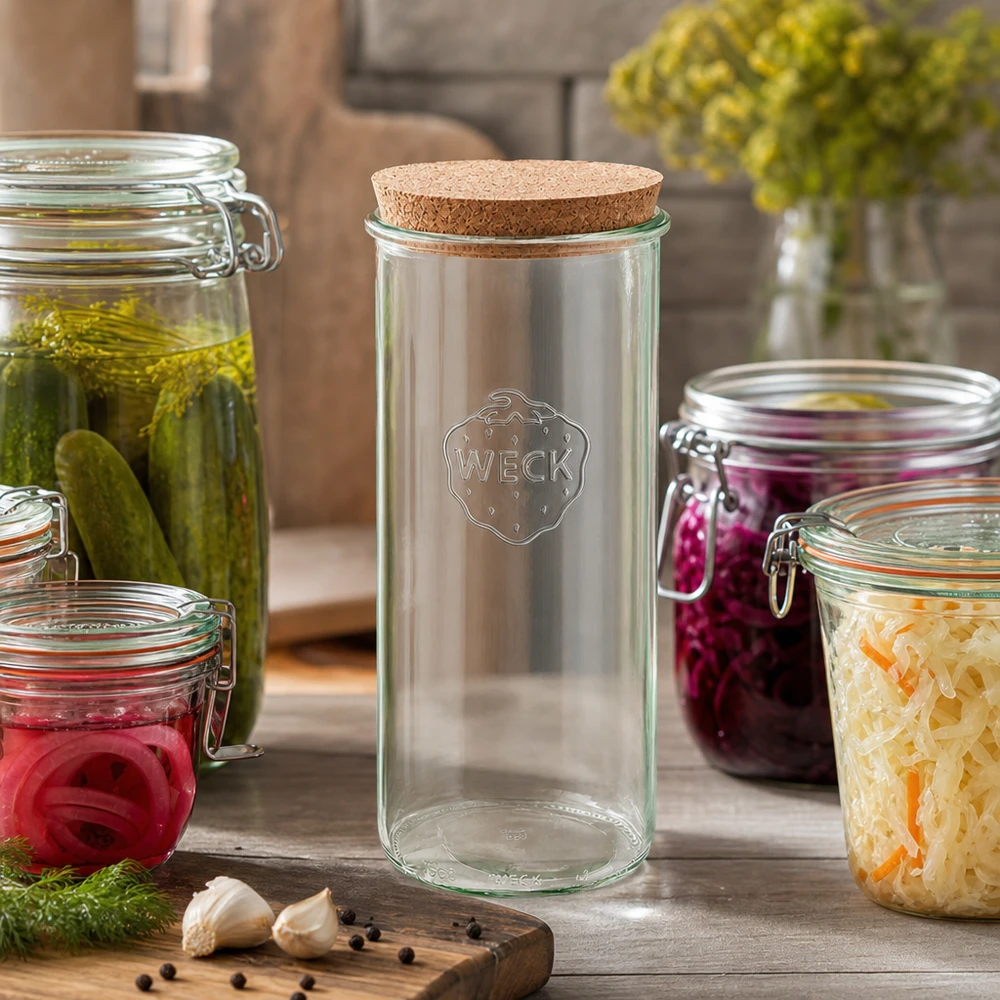 WECK Sturzglas 1500ml RR100 Küchenszene mit eingelegten Gurken Sauerkraut roten Zwiebeln Korken Deckel Einmachen