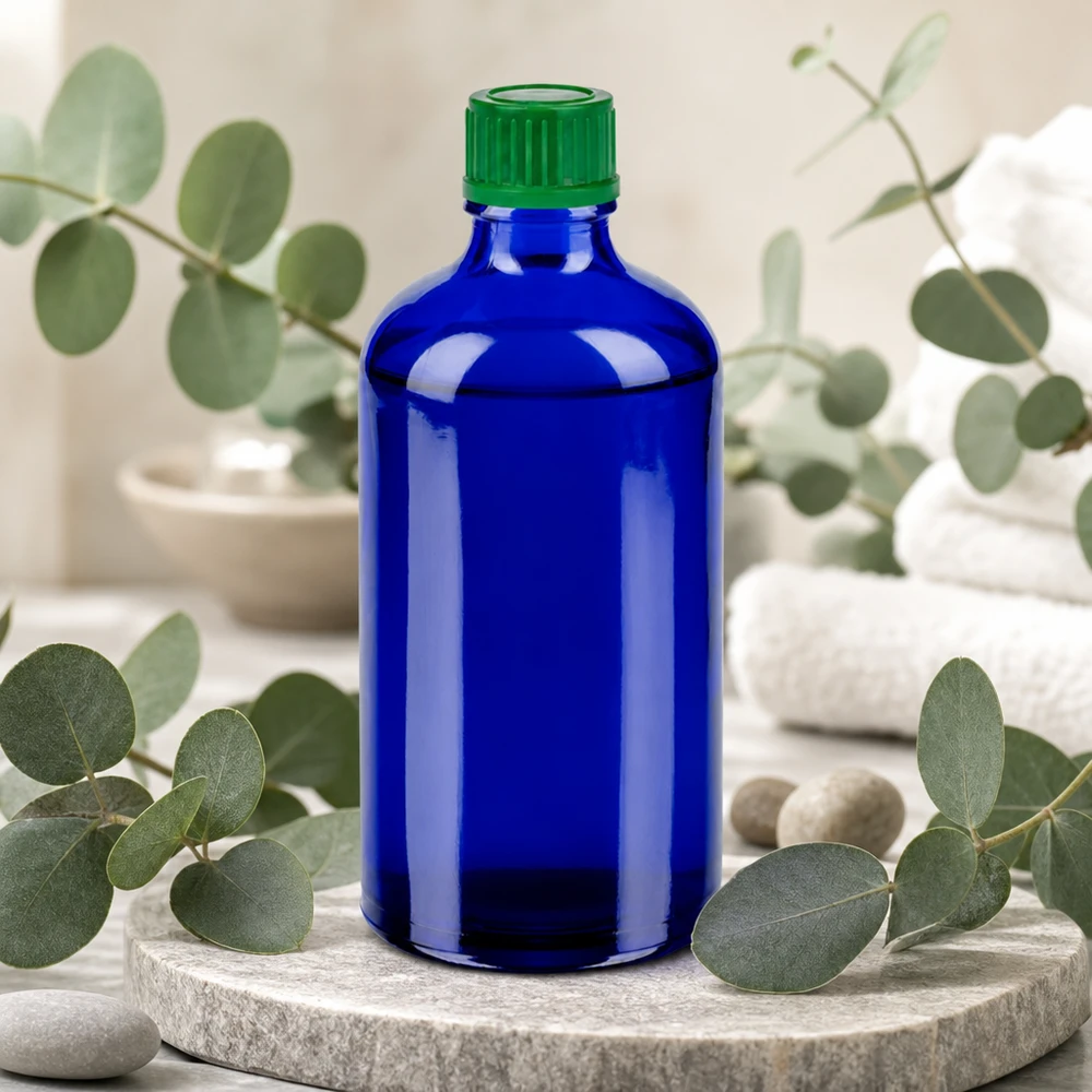 100ml láhev 11mm šroubovací uzávěr zelený Standard BlueLine UT18/100 100ml Premium Glasflasche BlueLine Serie mit chemikalienresistentem grünem SV-Verschluss