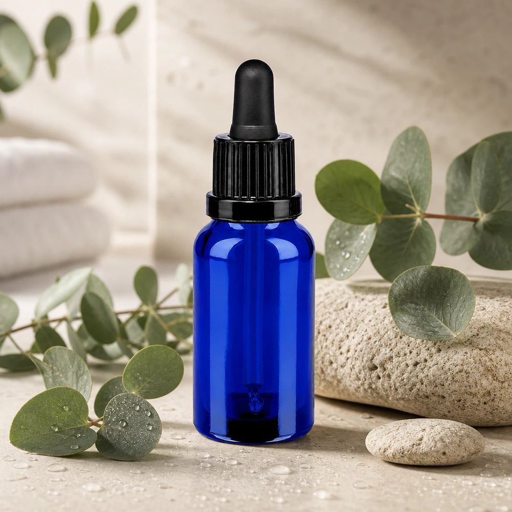 Stilvolle blaue 20ml Glasflasche mit schwarzem Pipettenaufsatz für Beauty-Produkte