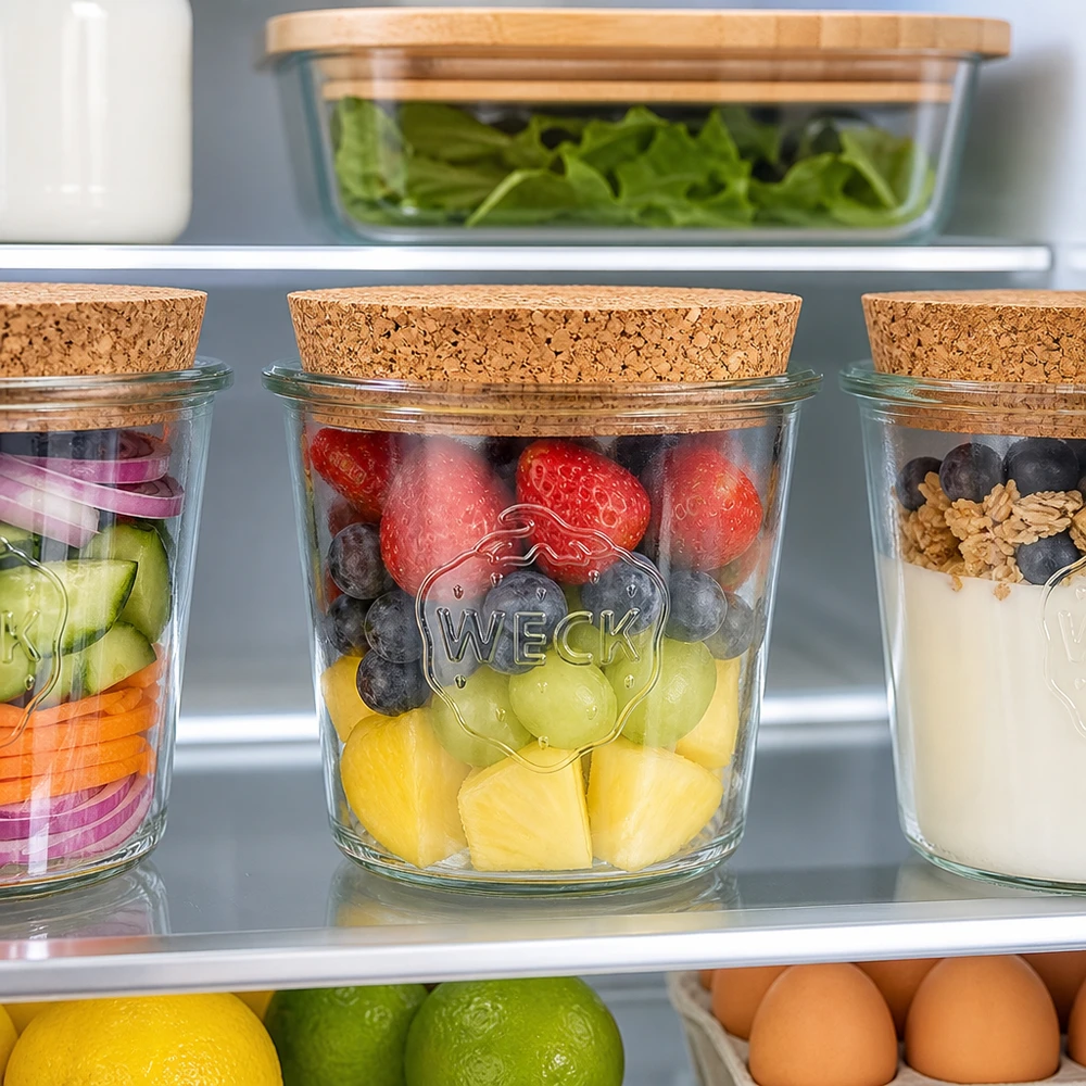 Sklenice o objemu 580 ml WECK RR100 s korkovou zátkou přírodní WECK Sturzglas 580ml RR100 Korkdeckel im Kühlschrank mit frischen Früchten Beeren und Meal Prep Organisation