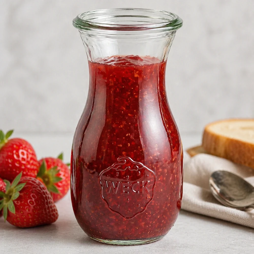 Gefüllte WECK Saftflasche 290ml RR60 mit roter Erdbeermarmelade und sichtbarem Firmenlogo auf weißer Oberfläche