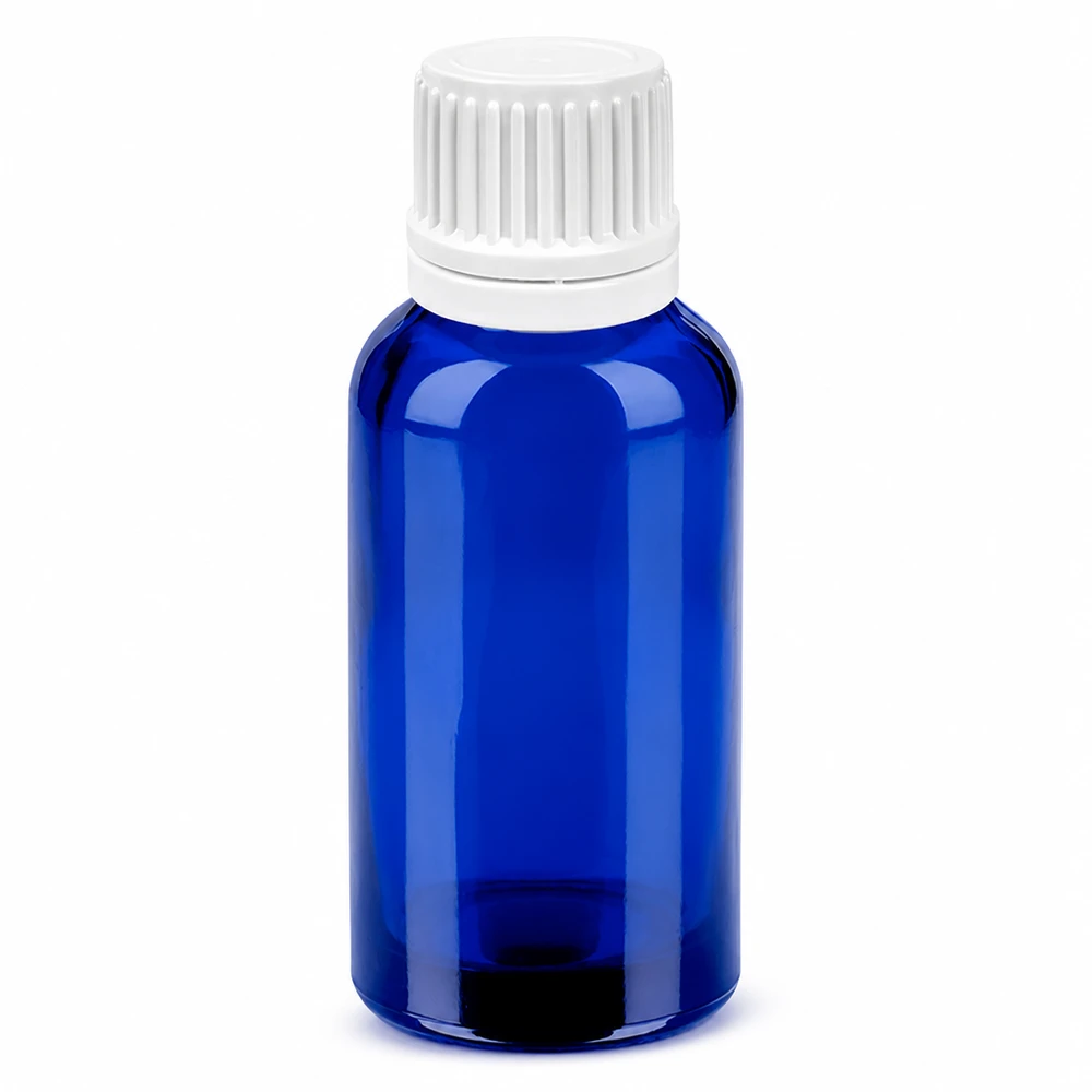 Blaue 30ml Glasflasche mit weißem Tropfverschluss OV BlueLine Serie