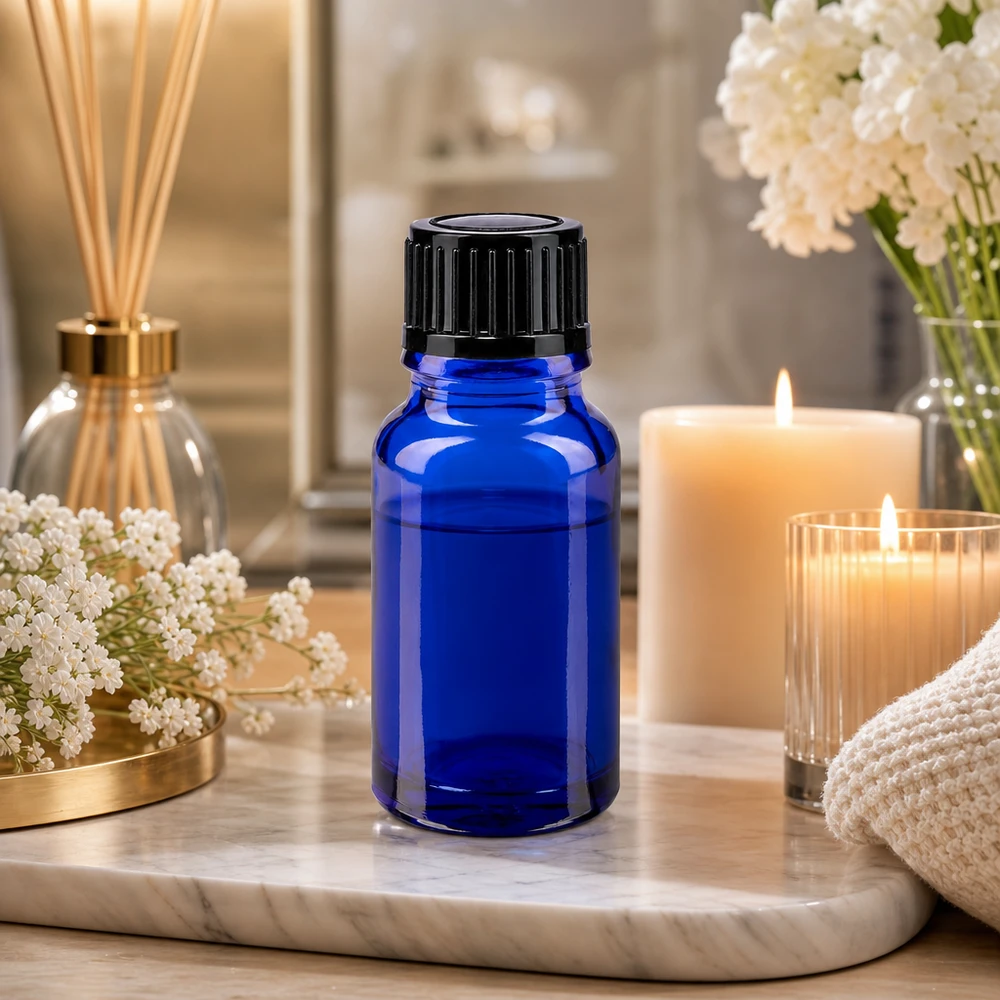 Lékárenská láhev modrá 10ml kapátko uzávěr 1mm černý standardní Blaue Miniaturflasche aus Apothekerglas 10ml mit dosierpräzisem Tropfverschluss