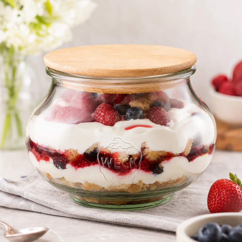 560ml dóza na šperky WECK RR80 s dřevěným víčkem WECK Schmuckglas 560ml RR80 Holzdeckel gefüllt mit Beeren Dessert Schichtdessert auf weißer Oberfläche Küchendeko