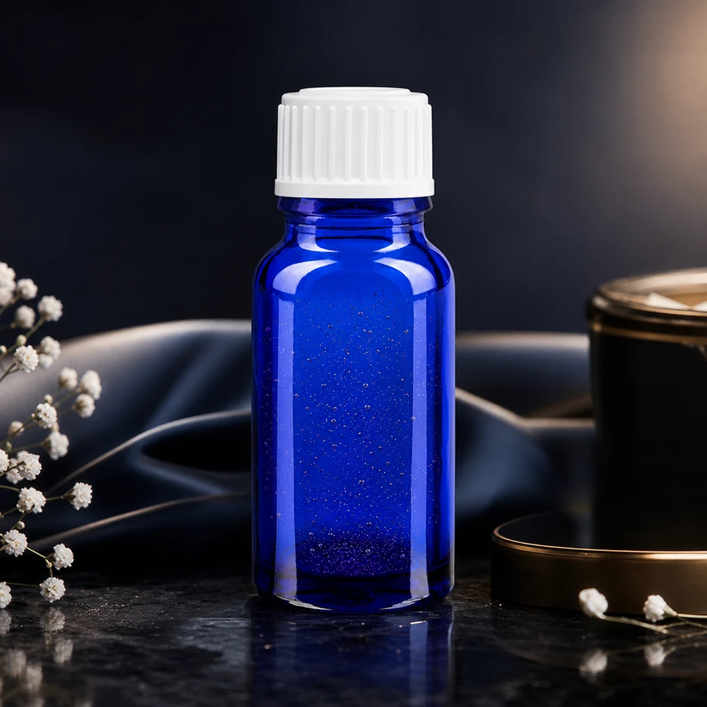 Lékárenská lahvička modrá 10ml šroubovací uzávěr bílé globule standardní. 10ml blaue Serialflasche GR STD mit weißem Kindersicherheitsverschluss vor Seidenstoff