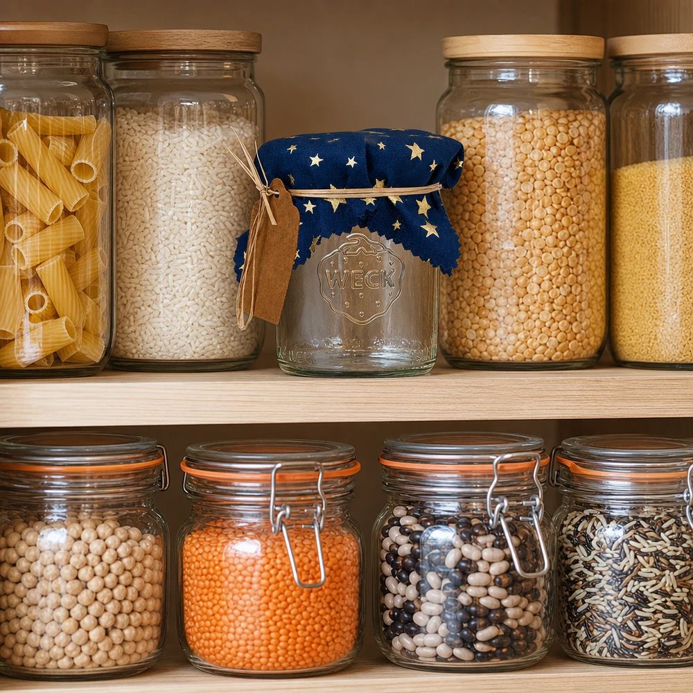 Látkový ubrousek na šperky modrý "hvězdy" 12cm čtvercový Pantry-Organisation mit blauem Sterne-Stoffdeckchen auf Vorratsglas zwischen verschiedenen Hülsenfrüchten und Getreide