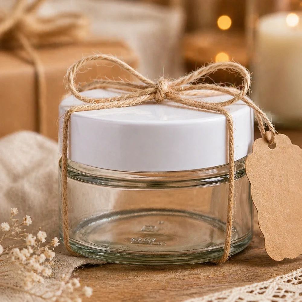 130ml kulatá sklenice + víčko BasicSeal bílé UNiTWIST 130ml Rundglas BasicSeal weiß als Geschenkverpackung mit Juteschnur und Anhänger - DIY Präsent Glasdose
