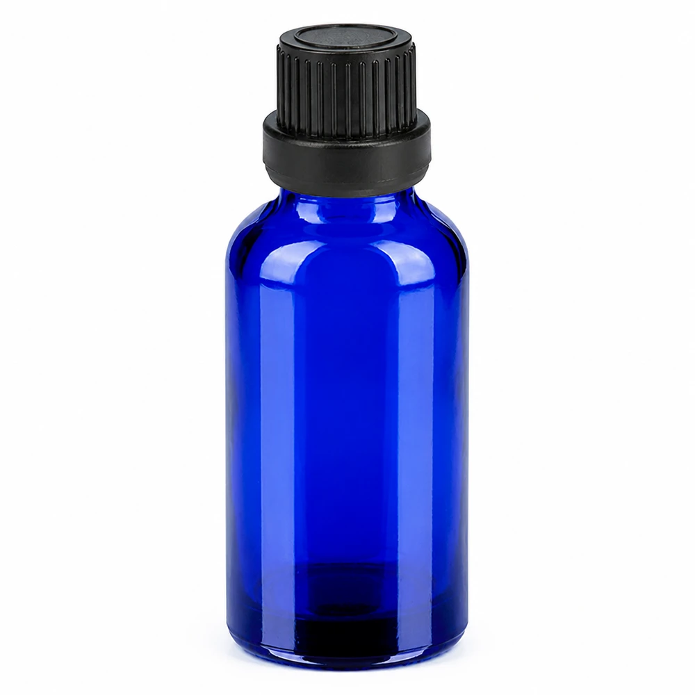 30ml láhev 11mm šroubovací uzávěr černý BlueLine UT18/30. 30ml BlueLine Glasflasche mit schwarzem Schraubverschluss für flüssige Präparate