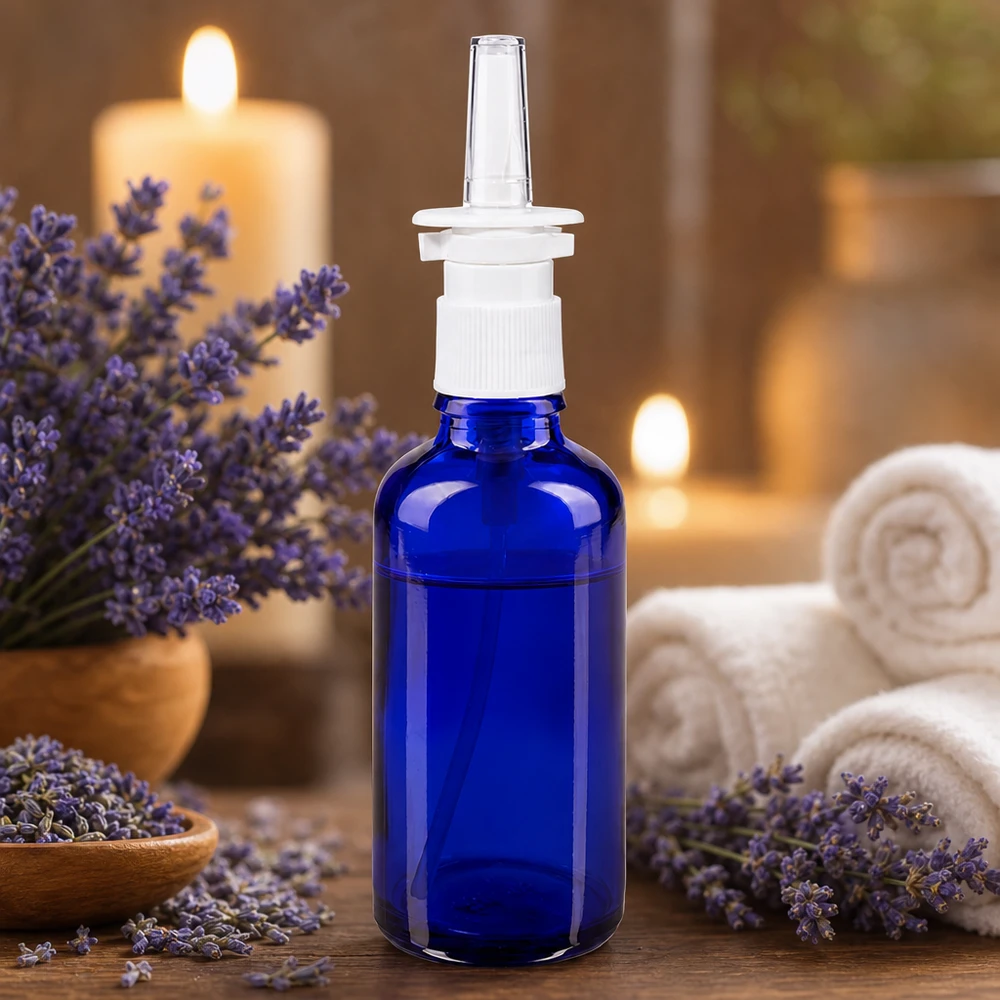 Lékárenská láhev modrá 50ml nosní sprej bílá stř. Kobaltblaue 50ml Flasche mit Nasenzerstäuber weißer Pumpe auf Holzoberfläche Spa-Atmosphäre