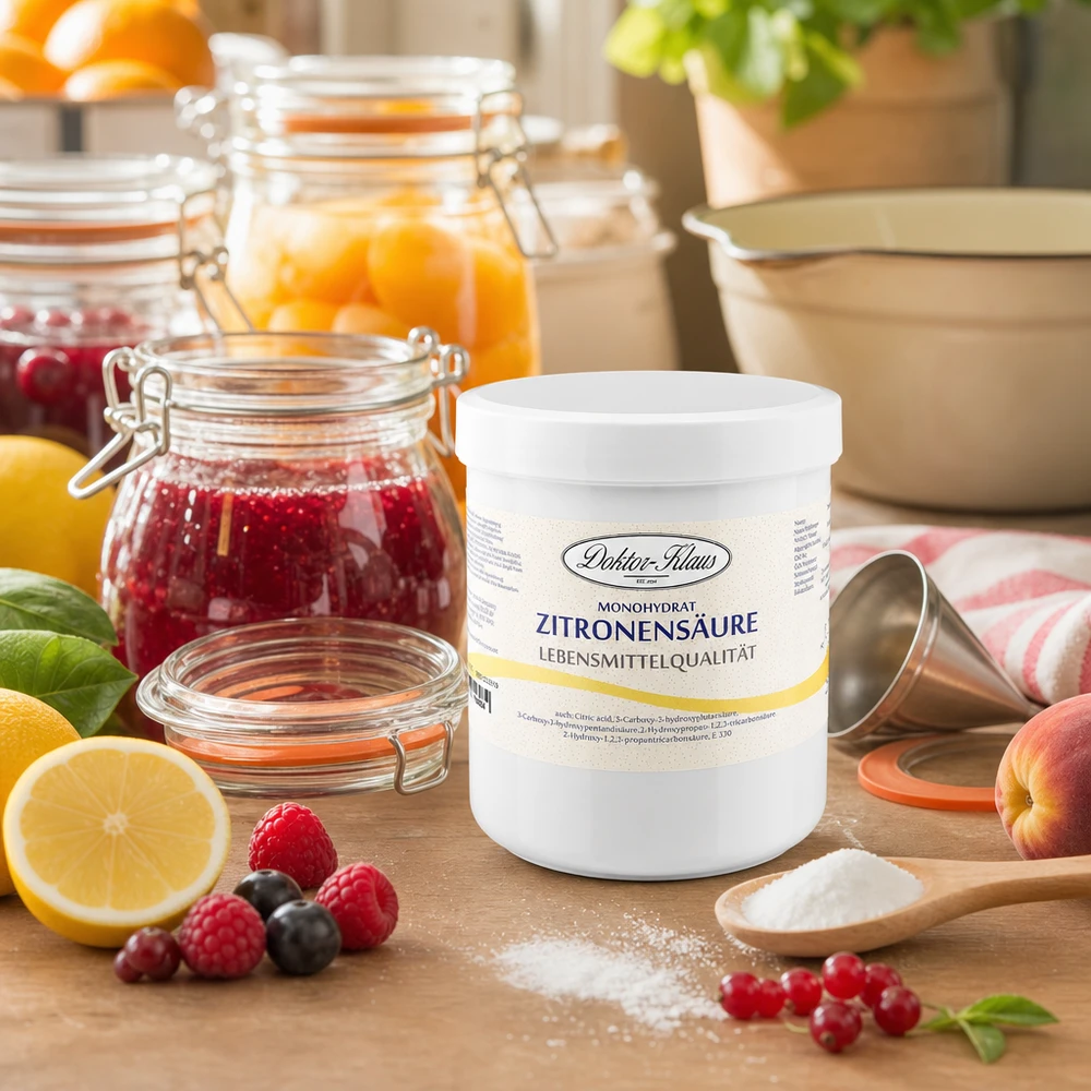 Kyselina citronová 500g Doktor-Klaus Zitronensäure 500g Doktor-Klaus umgeben von frischen Früchten und Einmachgläsern für Hobbyköche