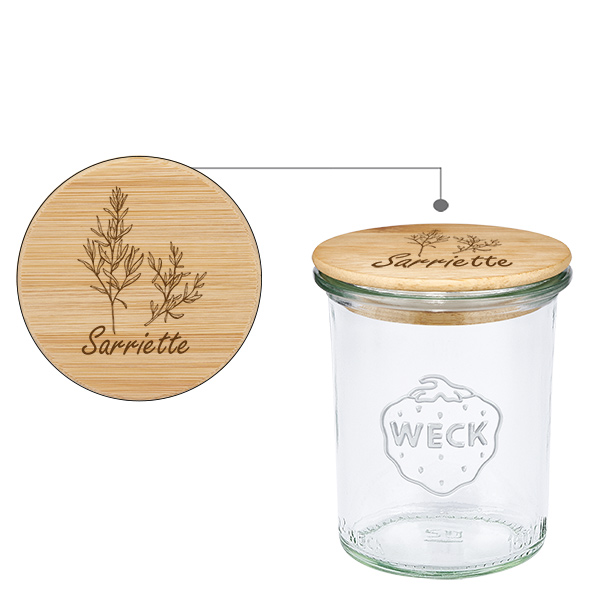 Couvercle en bois "sarriette" avec WECK verre plongeant 160m Couvercle en bois "sarriette" avec WECK verre plongeant 160m