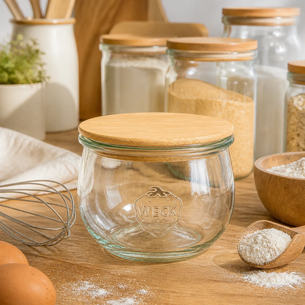 580ml tulipánová sklenice WECK RR100 s dřevěným víčkem WECK Tulpenglas 580ml RR100 Holzdeckel Backzubehör Mehl Eier Schneebesen rustikale Kücheneinrichtung Vorratsglas